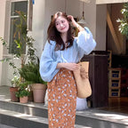 水色ブラウス × 花柄ロングスカート セットアップ レディース 春夏 ゆったり 通勤 カジュアル 大人可愛い