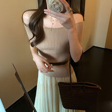 画像をギャラリービューアに読み込む, オフショルダー ニット ロングスカート セットアップ レディース ぺチハイ ウエストマーク きれいめ デート（ベルト付き）
