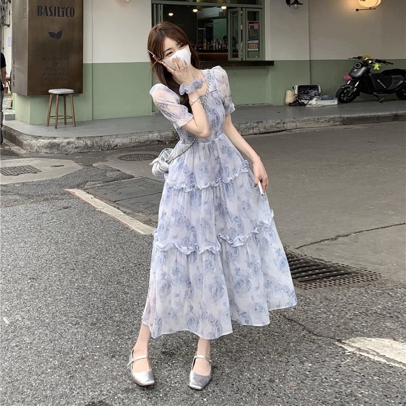 花柄 シフォン ワンピース体型カバー 着痩せ 大人可愛い 韓国風 パフスリーブ