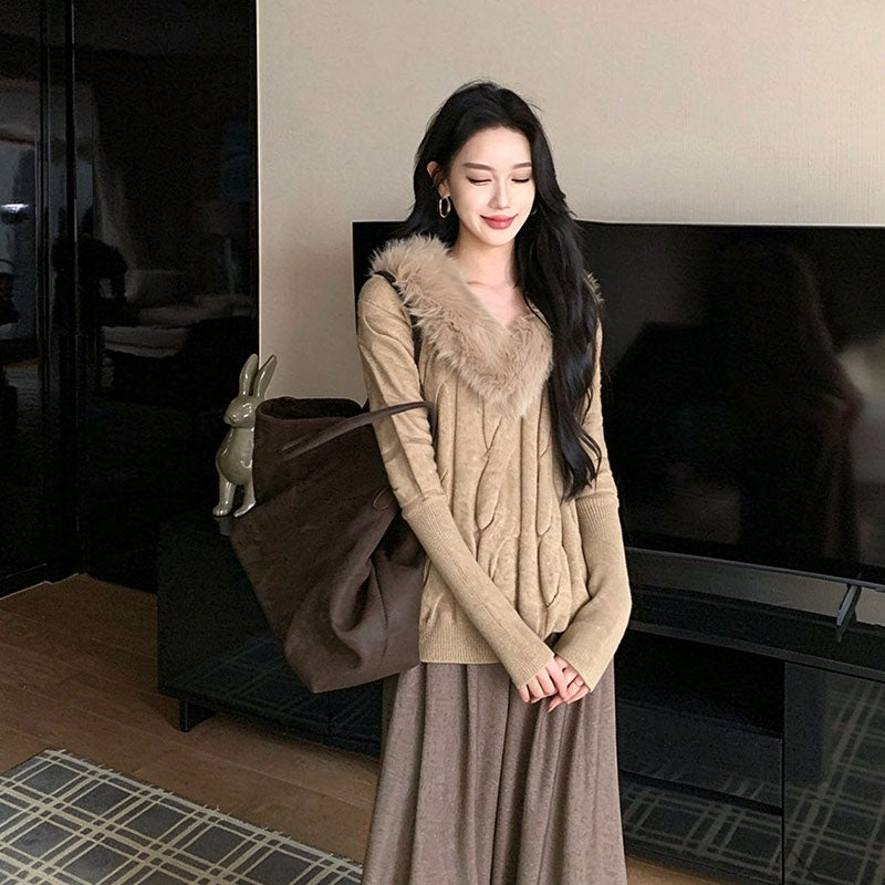 ファー襟 V ネック ケーブル編みニットセーター ゆったりトップス 韓国フェミニン 4 色展開