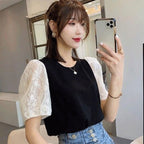 レース袖切替パフスリーブTシャツトップス