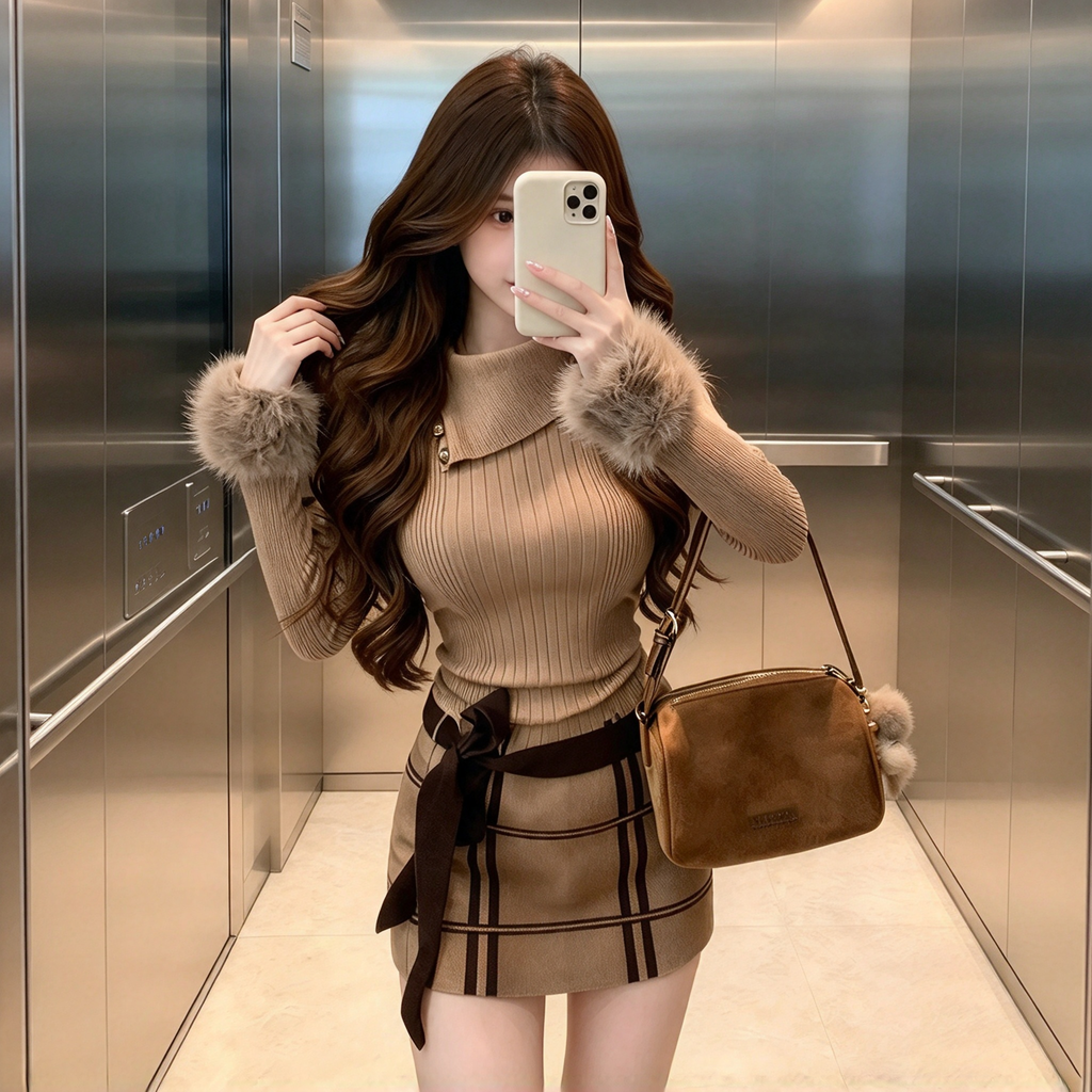 ファーカフスリブニットワンピース チェック柄 ベルトリボン付きデート服