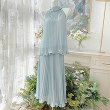 画像をギャラリービューアに読み込む, 水色ハルターネック プリーツセットアップ レディース ノースリーブ マキシ丈 大人可愛い 着痩せ
