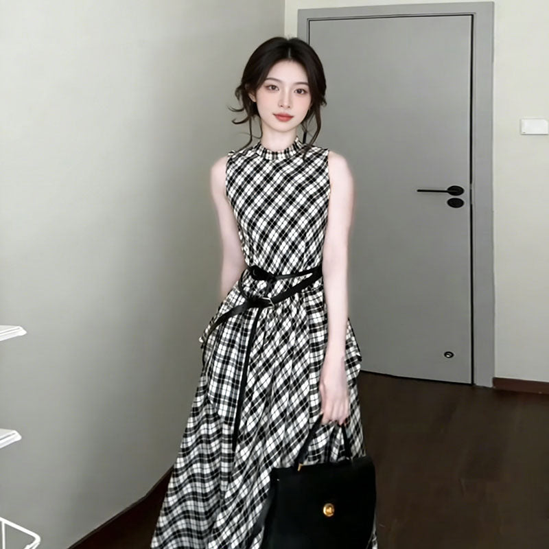 チェック柄 ノースリーブ ワンピース ロング 体型カバー 上品 エレガント 大人女子（ベルト付き）