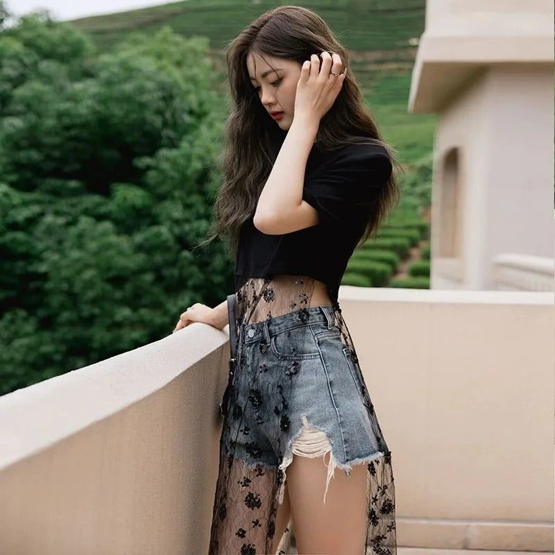 メッシュ花柄切替Tシャツワンピース透かし彫り