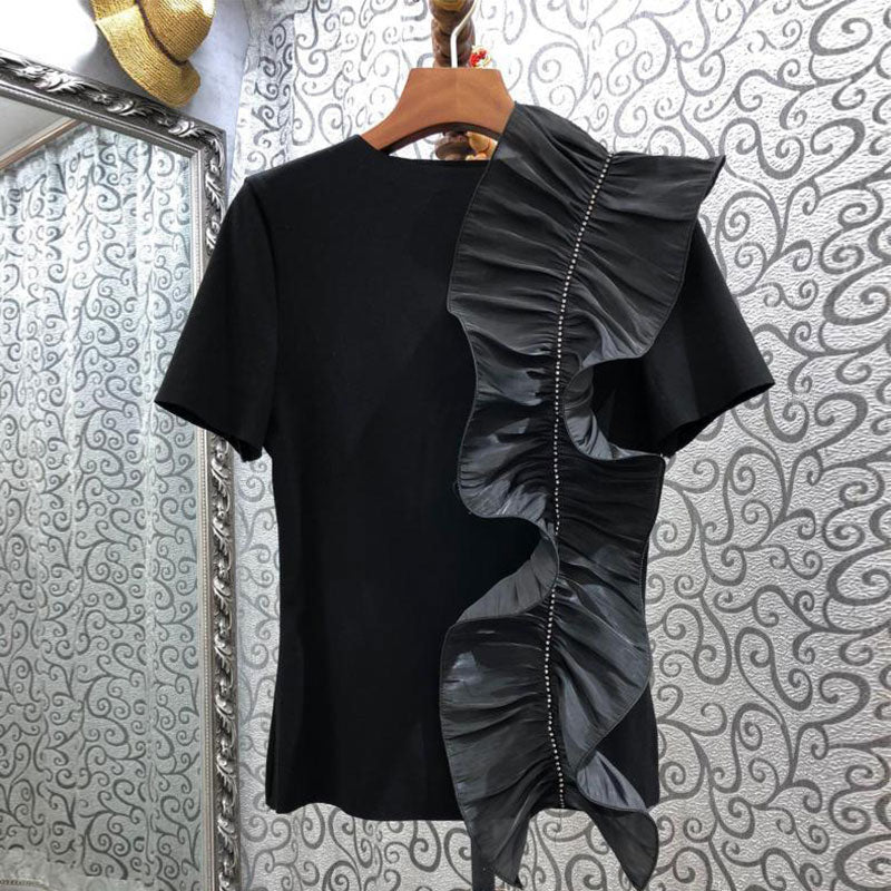 フレア裾ギャザーデザイン無地半袖Tシャツトップス