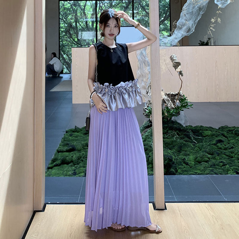 配色切替フレア裾ノースリーブトップス＆プリーツロングスカートセットアップ