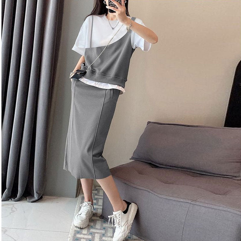 重ね風半袖Tシャツ＆Hラインスカートセットアップ