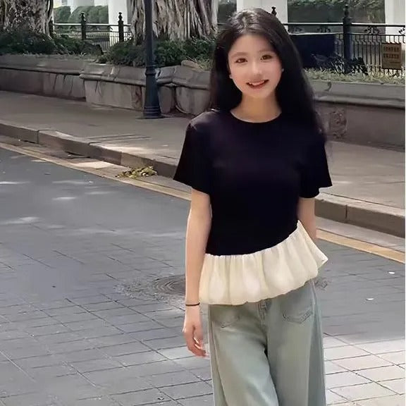 フレア裾切替半袖Tシャツトップス