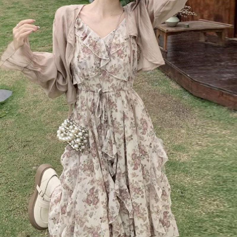 ショートカーディガン&花柄デートワンピースセットアップ