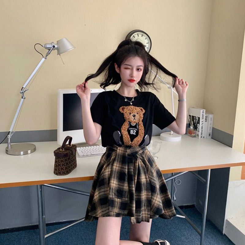 クマプリント半袖Tシャツ＆チェック柄不規則スカートセットアップ