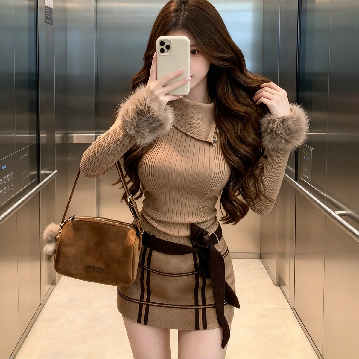 ファーカフスリブニットワンピース チェック柄 ベルトリボン付きデート服