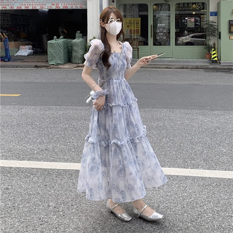 花柄 シフォン ワンピース体型カバー 着痩せ 大人可愛い 韓国風 パフスリーブ