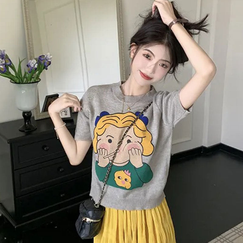 ガールズかわいいプリントニットトップス2カラー選択