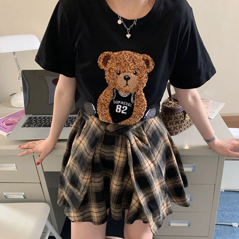 クマプリント半袖Tシャツ＆チェック柄不規則スカートセットアップ