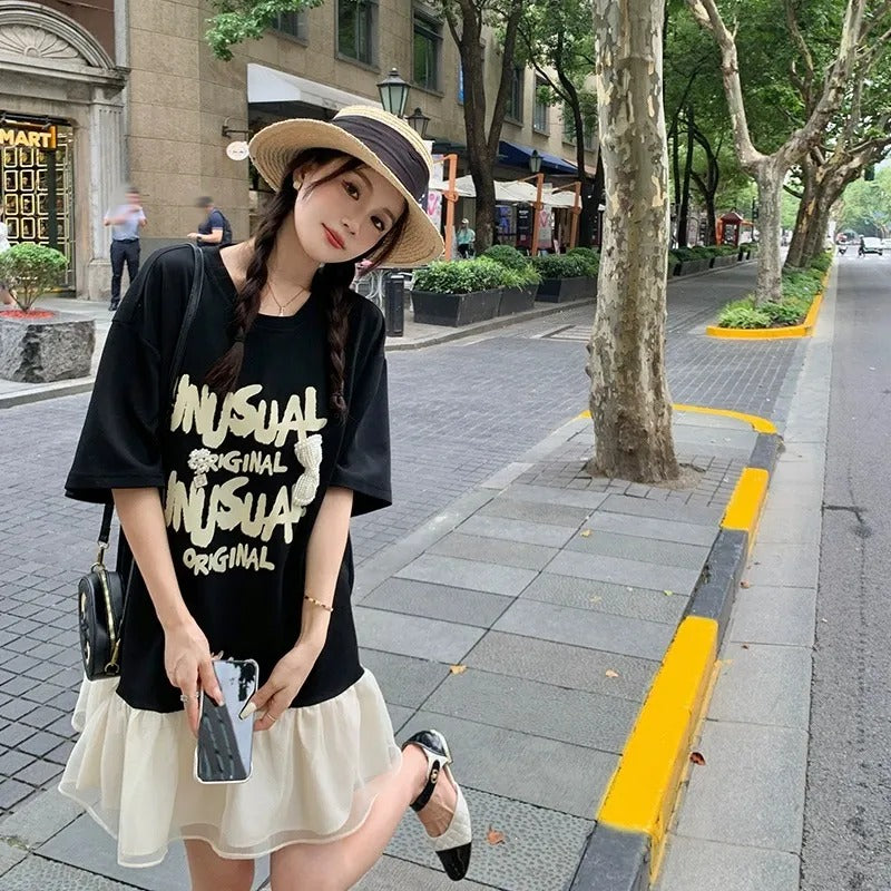 フレア裾アルファペットプリント半袖Tシャツワンピースカジュアルワンピース