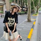 フレア裾アルファペットプリント半袖Tシャツワンピースカジュアルワンピース
