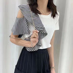 フレア裾半袖Tシャツショルダー開きデザイントップス