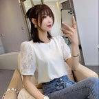 レース袖切替パフスリーブTシャツトップス