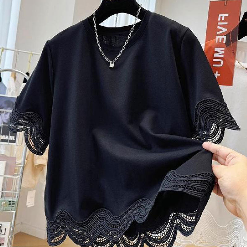 レース花柄切替透かし彫り半袖Tシャツトップス