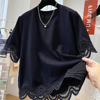 レース花柄切替透かし彫り半袖Tシャツトップス