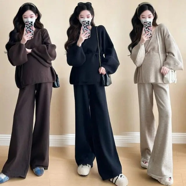 カシュクールデザインニットセーター＆カジュアルニットパンツセットアップ