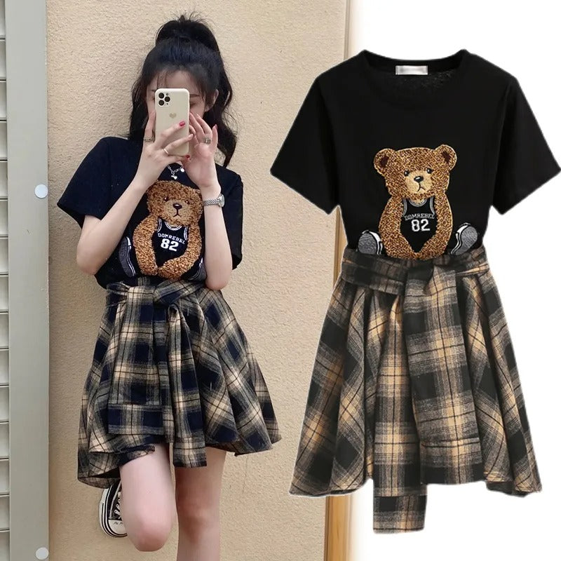クマプリント半袖Tシャツ＆チェック柄不規則スカートセットアップ