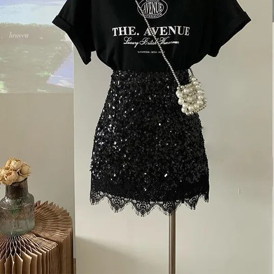 シンプル黒半袖Tシャツ＆スパンコールレース切替スカートセットアップ