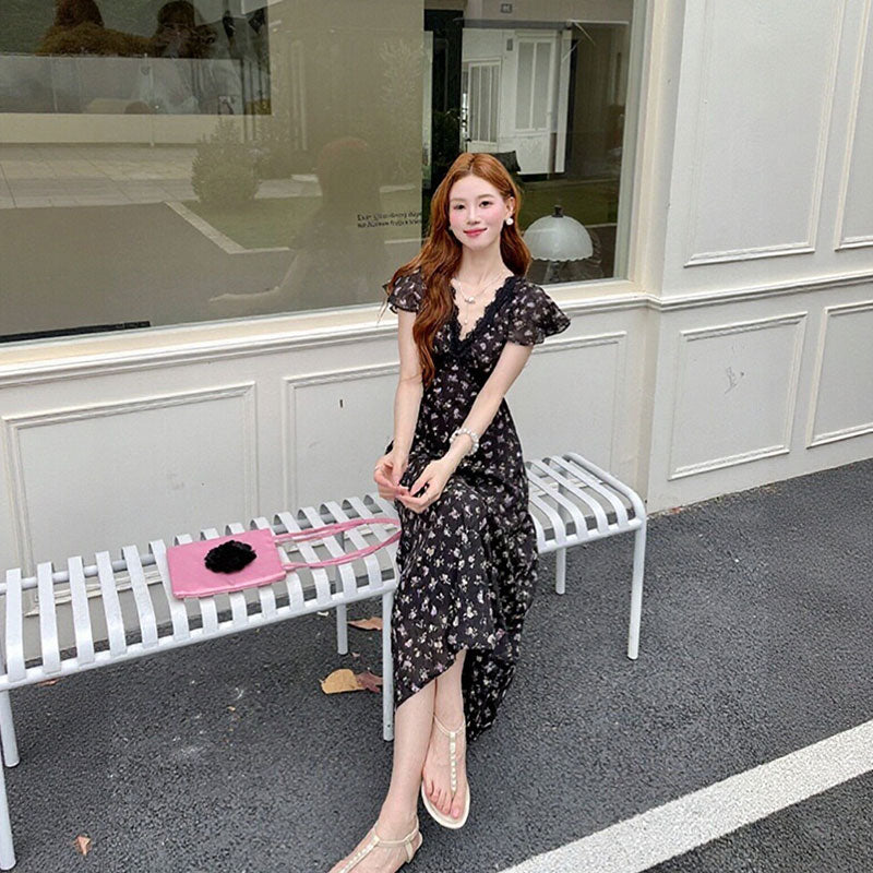 花柄 レース フレアスリーブ マキシワンピース 体型カバー 着痩せ 大人可愛い フレンチ