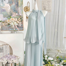 画像をギャラリービューアに読み込む, 水色ハルターネック プリーツセットアップ レディース ノースリーブ マキシ丈 大人可愛い 着痩せ
