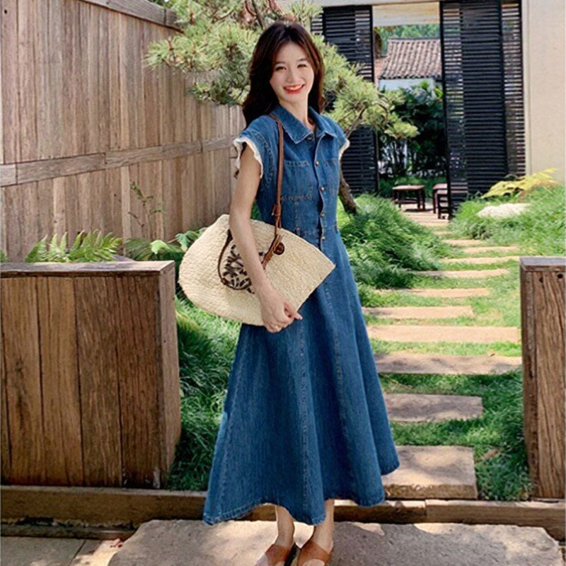 デニム ワンピース ノースリーブ マキシ丈 夏 体型カバー 着痩せ 韓国カジュアル（ベルト付き）