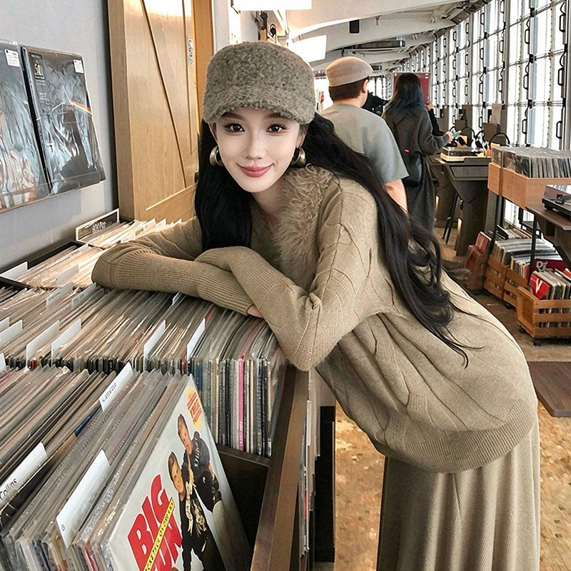 ファー襟 V ネック ケーブル編みニットセーター ゆったりトップス 韓国フェミニン 4 色展開