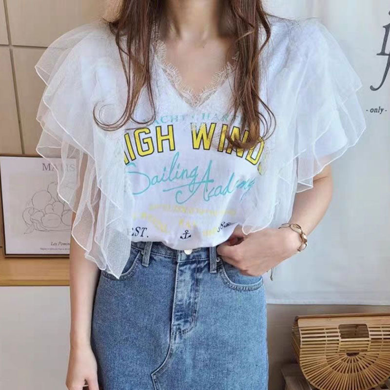 レース切替メッシュ袖Ｔシャツトップス