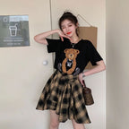 クマプリント半袖Tシャツ＆チェック柄不規則スカートセットアップ