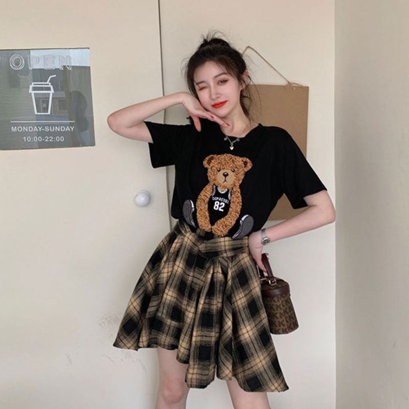 クマプリント半袖Tシャツ＆チェック柄不規則スカートセットアップ