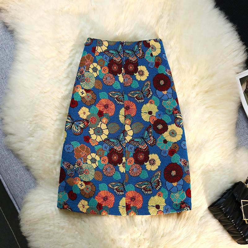 刺繍花柄蝶プリントスリットスカートボトムス