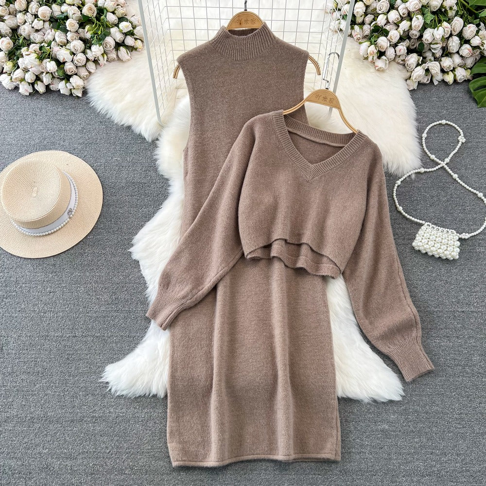 Ｖネックセーター＆ノースリーブニットワンピースセットアップ