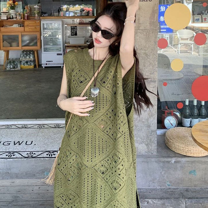 レトロロングケーブルトップスワンピース＆エスニック花柄Aラインスカートセットアップ