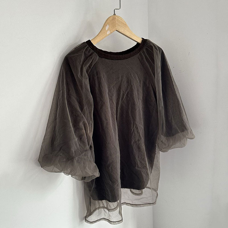 パフスリーブ半袖メッシュ切替Tシャツトップス