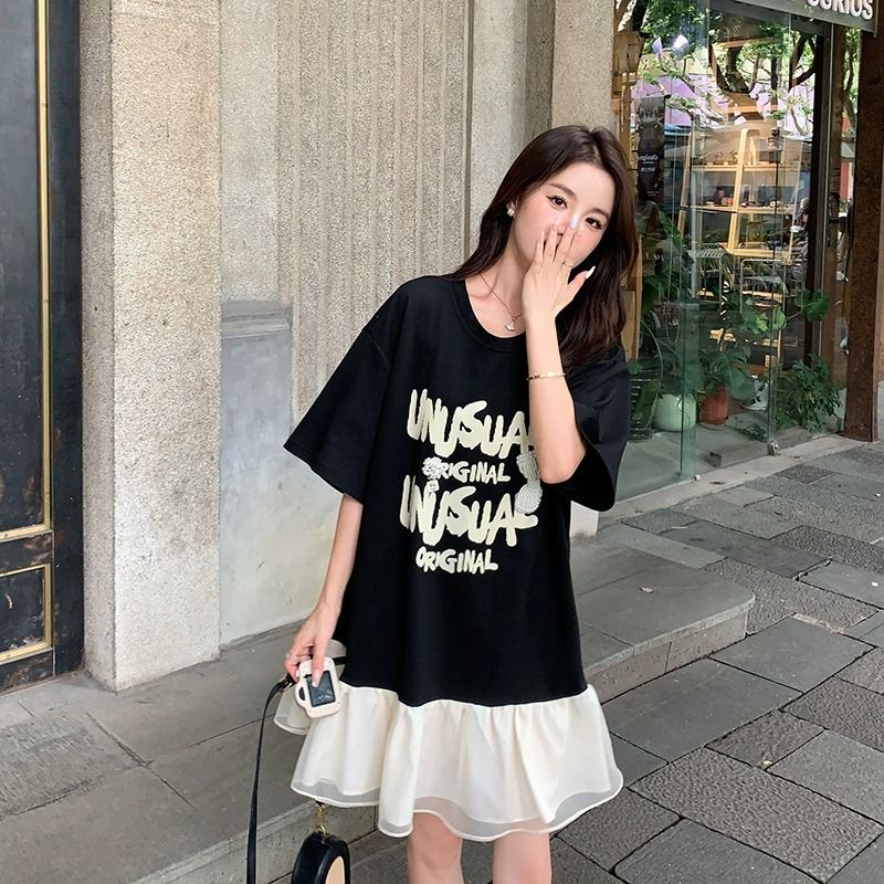 フレア裾アルファペットプリント半袖Tシャツワンピースカジュアルワンピース