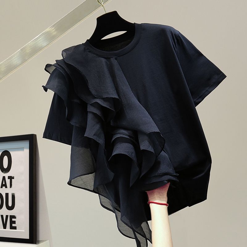 メッシュ花柄フリル裾半袖無地Tシャツトップス