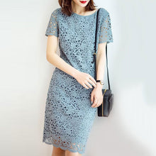画像をギャラリービューアに読み込む, レース透かし彫り半袖Hラインカジュアルワンピース優雅コーデエレガント二次会
