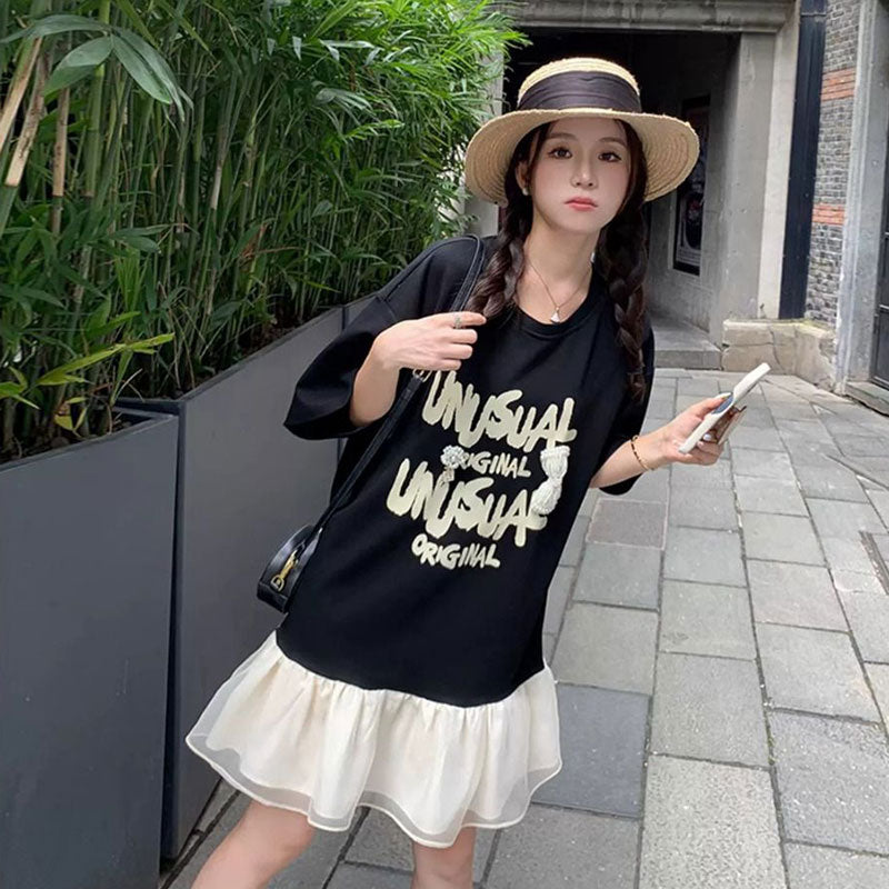 フレア裾アルファペットプリント半袖Tシャツワンピースカジュアルワンピース
