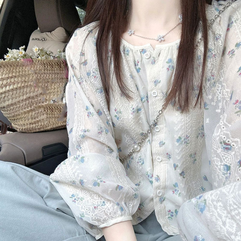 花柄パフスリーブブラウストップス