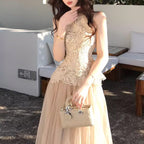 レース チュール セットアップ レディース ノースリーブ ロングスカート きれいめ デート 結婚式 パーティー