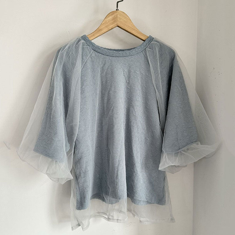 パフスリーブ半袖メッシュ切替Tシャツトップス