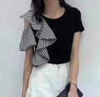 フレア裾半袖Tシャツショルダー開きデザイントップス