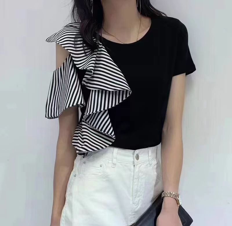 フレア裾半袖Tシャツショルダー開きデザイントップス