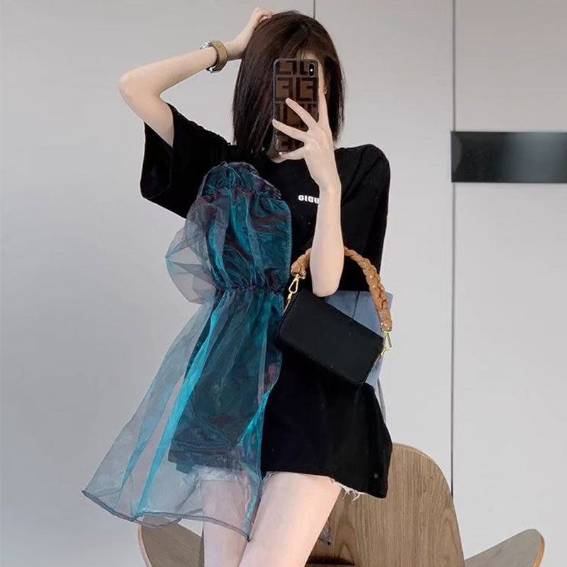 メッシュ切替ブラックTシャツトップス