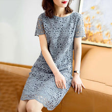 画像をギャラリービューアに読み込む, レース透かし彫り半袖Hラインカジュアルワンピース優雅コーデエレガント二次会
